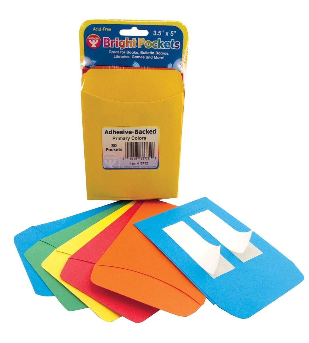 Library Pockets 3.5" x 4.875" Self Adhesive - 6 Ea. of 5 Colors, 30 Pockets