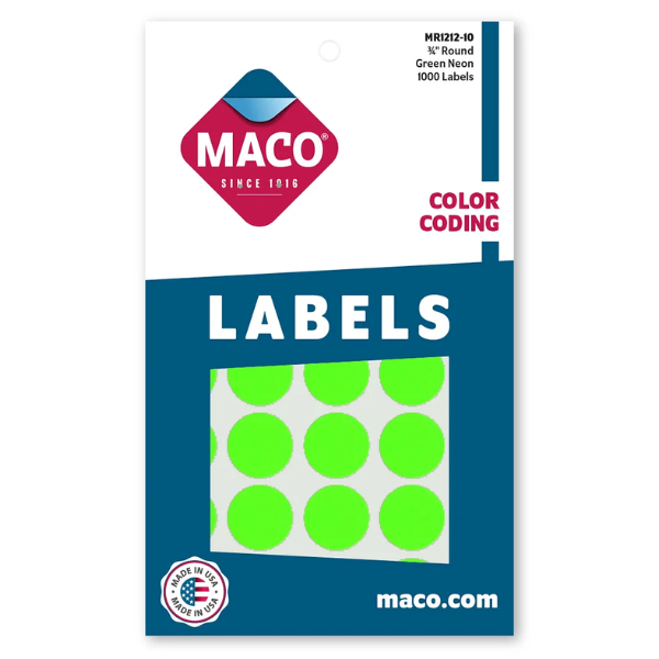3/4" Dia. Color Coding Labels, Green Neon, 1000/Bx