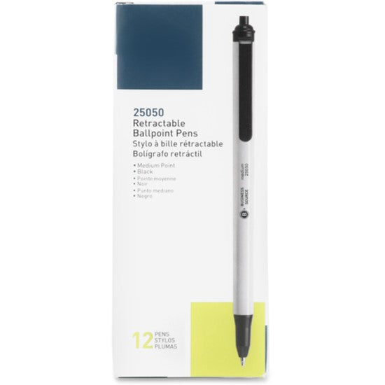 Retractable Ballpoint Pens Medium Point Black Ink White Barrel 12/ Pack