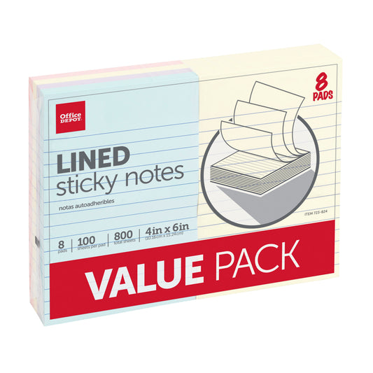 Lined Sticky Notes, 4 in x 6 in, Assorted Pastel Colors, 100 Sheets Per Pad, Pack Of 8