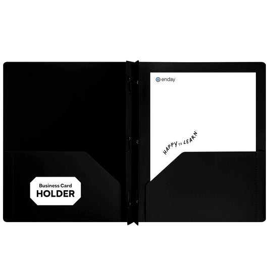 Enday Plastic 2-Pockets Poly Portfolio W/ 3 Prongs, Black