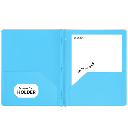 Enday Plastic 2-Pockets Poly Portfolio W/ 3 Prongs, Light Blue