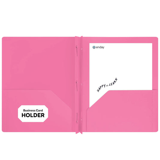 Enday Plastic 2-Pockets Poly Portfolio W/ 3 Prongs, Pink