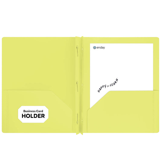 Enday Plastic 2-Pockets Poly Portfolio W/ 3 Prongs, Yellow