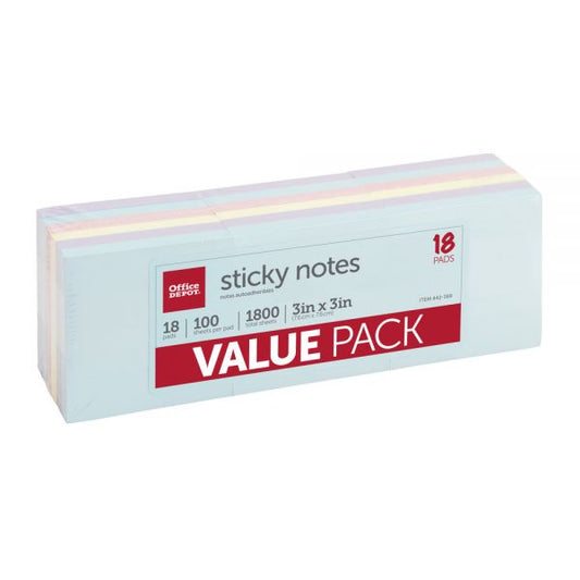 Sticky Notes Value Pack, 3" X 3", Assorted Pastel Colors, 100 Sheets Per Pad, Pack Of 18 Pads