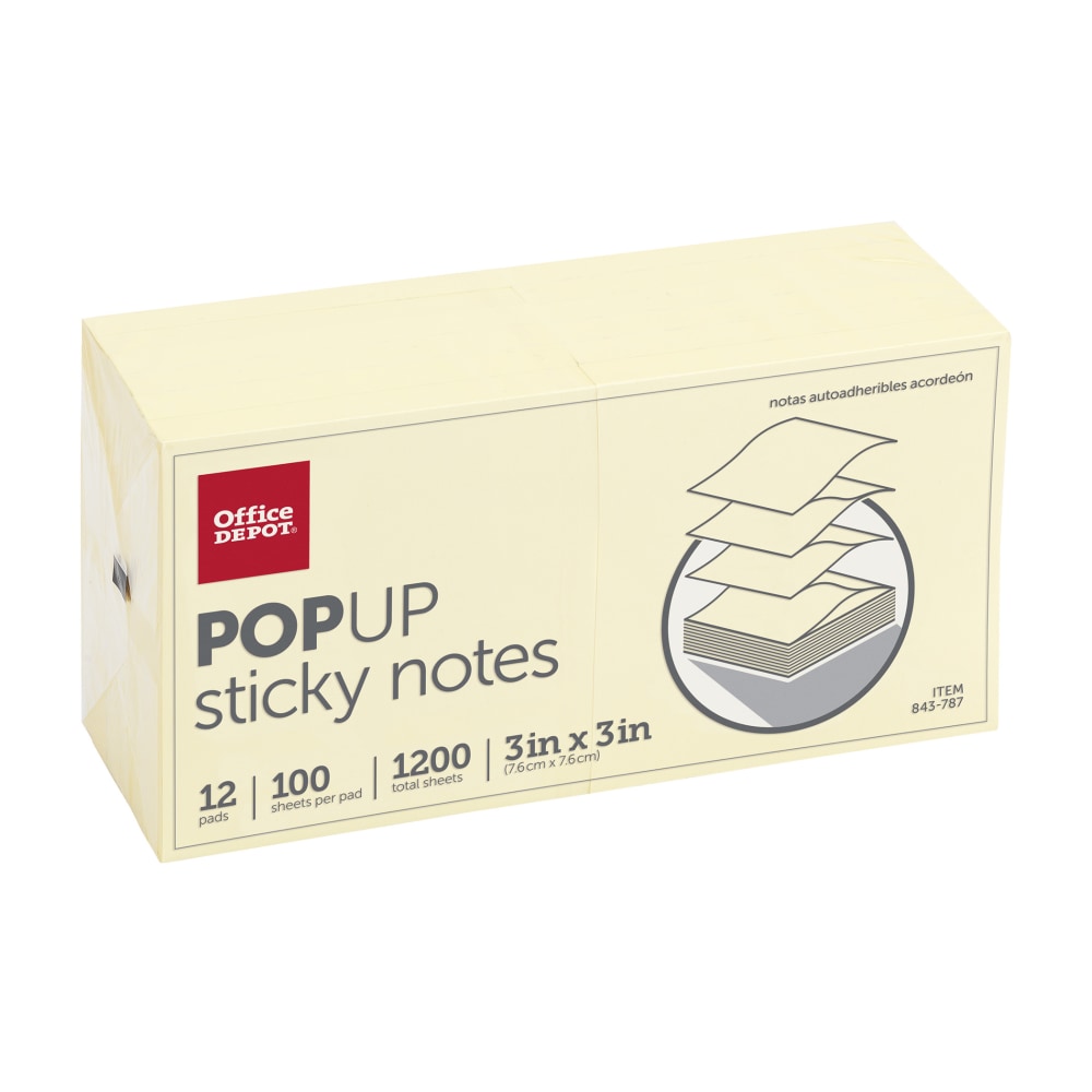 Pop Up Sticky Notes, 3" x 3", Yellow, 100 Sheets Per Pad, Pack Of 12