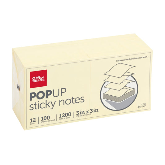 Pop Up Sticky Notes, 3" x 3", Yellow, 100 Sheets Per Pad, Pack Of 12