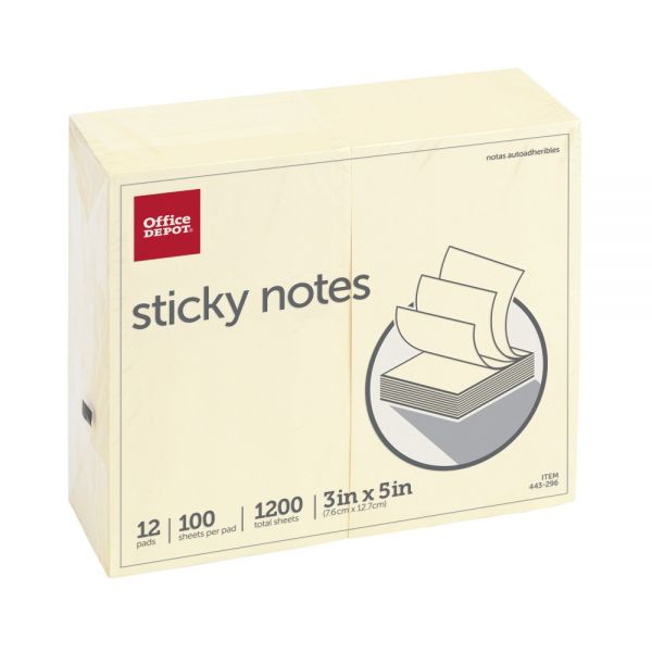 Sticky Notes, 3" x 5", Yellow, 100 Sheets Per Pad, Pack Of 12 Pads