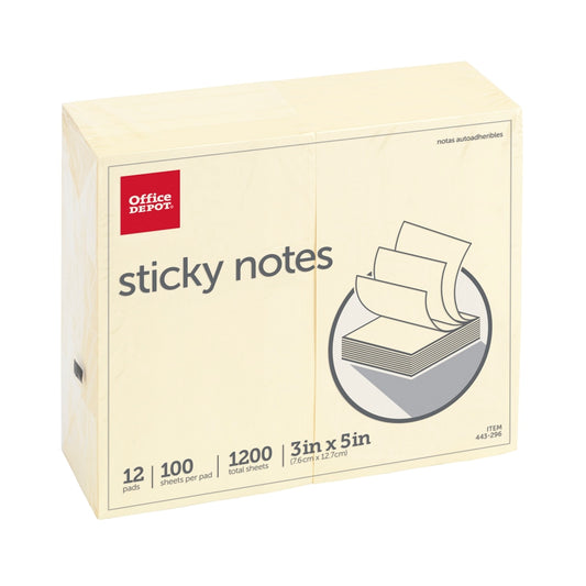 Sticky Notes, 3" x 5", Yellow, 100 Sheets Per Pad, Pack Of 12 Pads