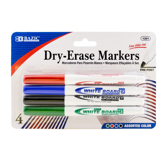 Assorted Colors Fine Tip Dry-Erase Markers 4/Pack