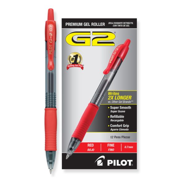 Pilot G-2 Retractable Gel Pens, Fine Point, 0.7 Mm, Red 12 Pack