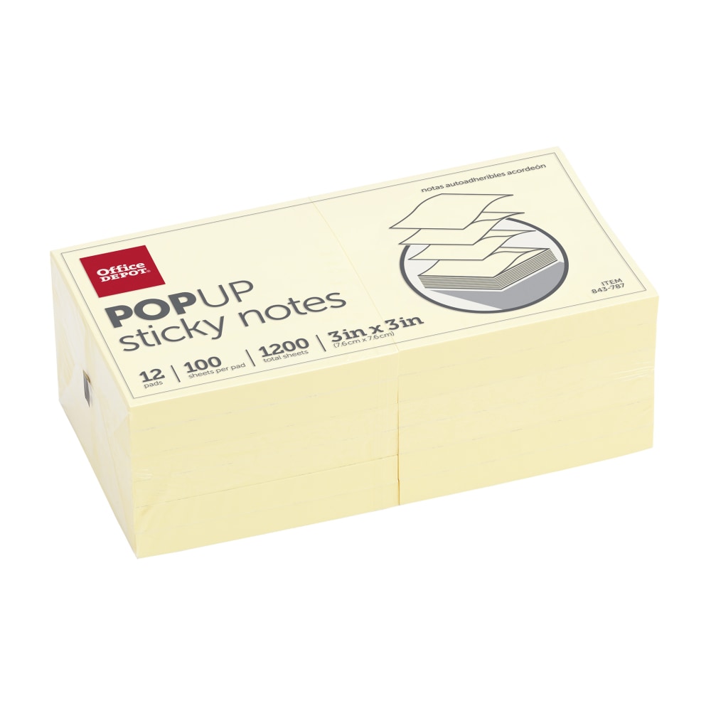 Pop Up Sticky Notes, 3" x 3", Yellow, 100 Sheets Per Pad, Pack Of 12