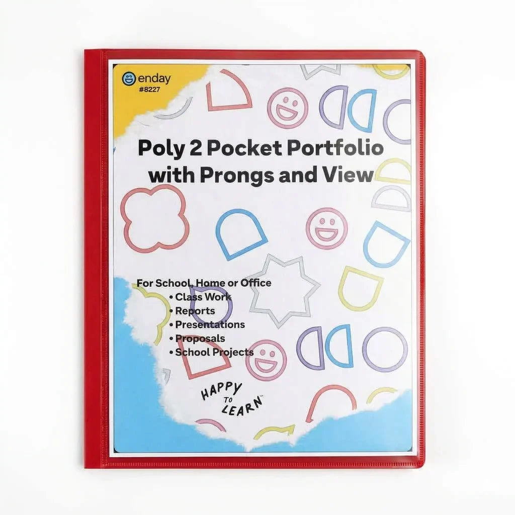 Enday Poly 2-Pockets Portfolio W/ 3-Prong, With View, Red