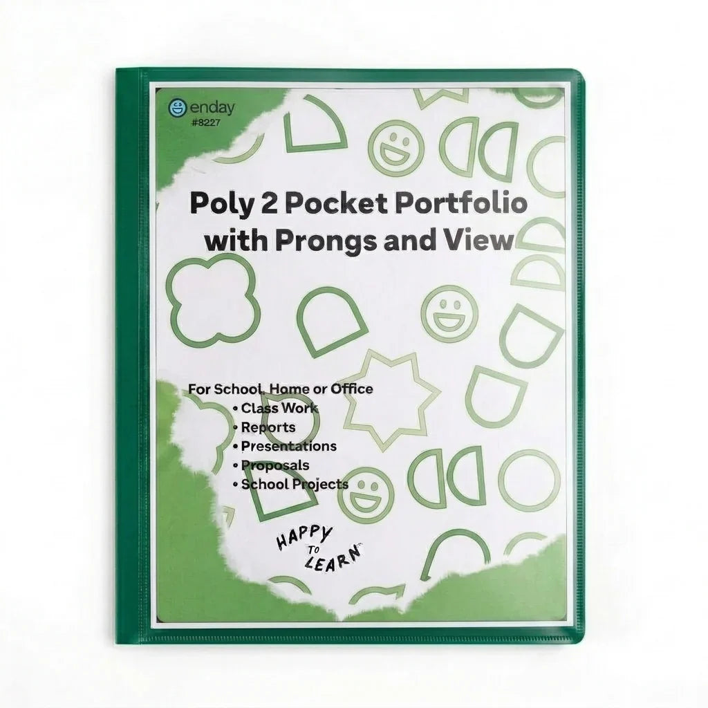 Enday Poly 2-Pockets Portfolio W/ 3-Prong, With View, Green