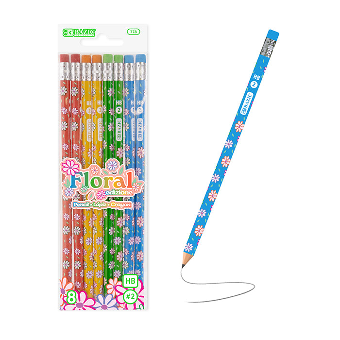 Floral Pencil w/ Eraser 8/pack