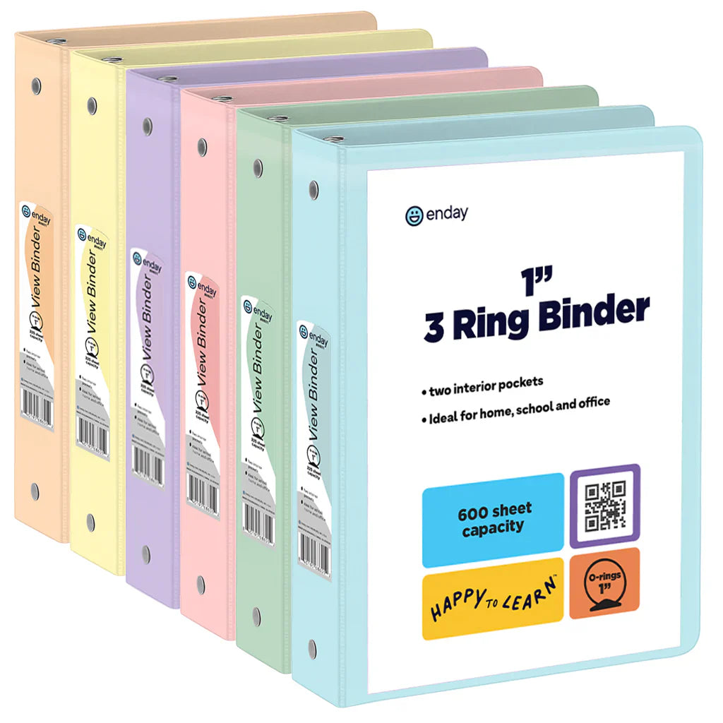 Enday 1" 3-Ring View Binder With 2-Pockets, Pastel Colors, Color Vary