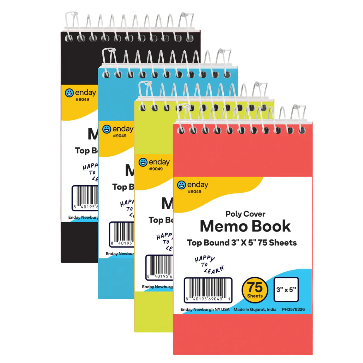 Enday Wirebound Top Opening Memo Pad 75 White 3 x 5 Sheets Color May Vary