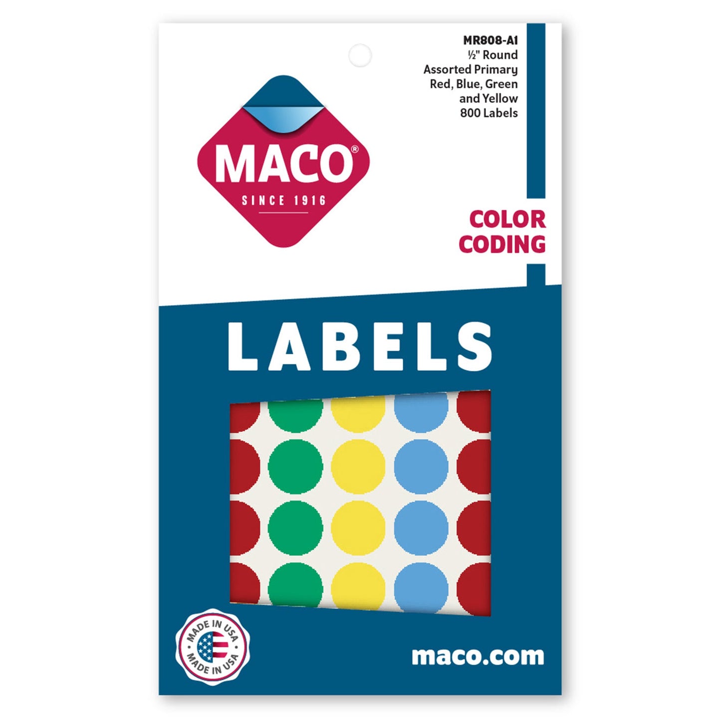 1/2" Dia. Color Coding Labels, Assorted Primary, 800/Bx