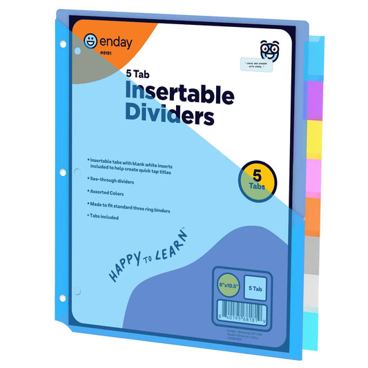 Enday 5 Tab Dividers with Pocket, Plastic Multicolor With White Insertable Tabs