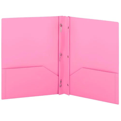 Enday Plastic 2-Pockets Poly Portfolio W/ 3 Prongs, Pink