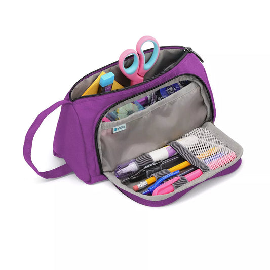 Enday Big Capacity Pencil Case Purple, 3 Compartments Pencil Bags with Zipper
