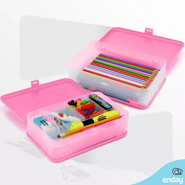 Enday Pencil Box, Large Capacity Plastic Double Sided Pink