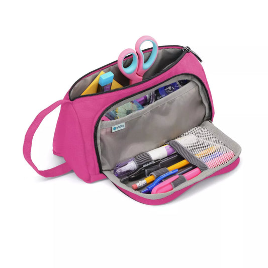 Enday Big Capacity Pencil Case Pink, 3 Compartments Pencil Bags with Zipper