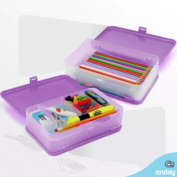 Enday Pencil Box, Large Capacity Plastic Double Sided Purple