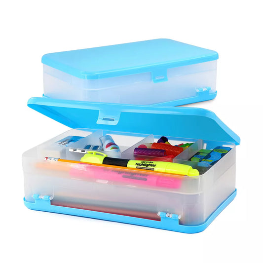 Enday Pencil Box, Large Capacity Plastic Double Sided Blue