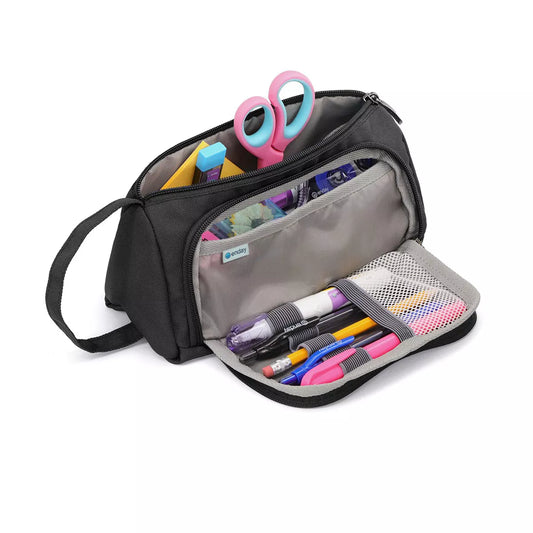 Enday Big Capacity Pencil Case Black, 3 Compartments Pencil Bags with Zipper (C