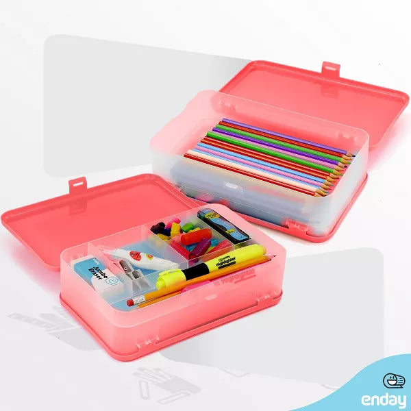 Enday Pencil Box, Large Capacity Plastic Double Sided Red