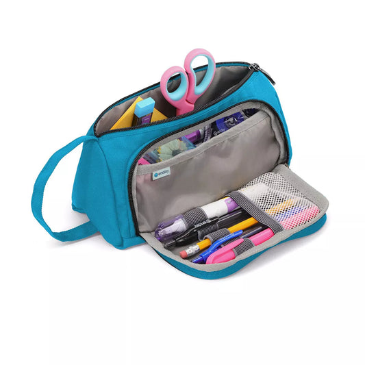 Enday Big Capacity Pencil Case Blue, 3 Compartments Pencil Bags with Zipper