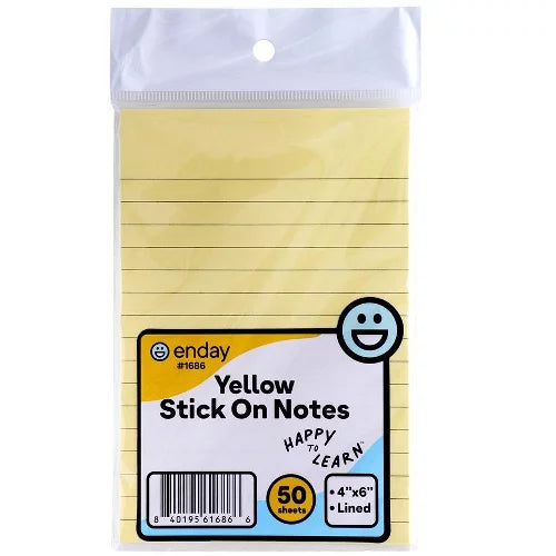 Enday: Lined Stick On Notes 4" X 6" 50 Ct. Yellow