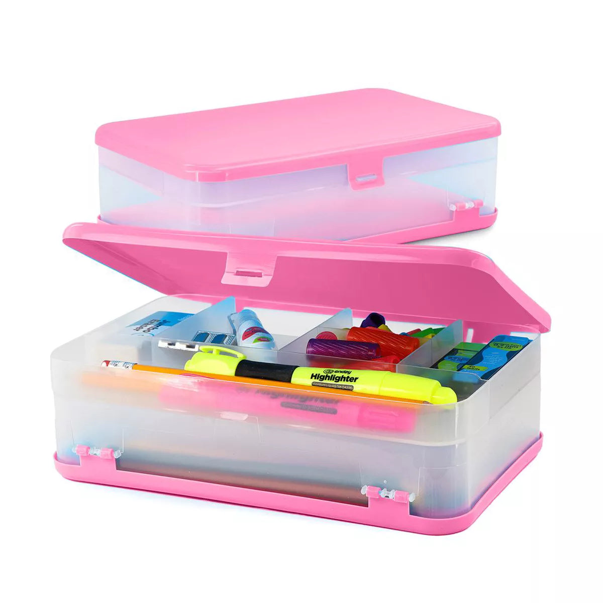 Enday Pencil Box, Large Capacity Plastic Double Sided Pink