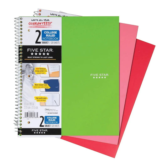 Five Star Notebook, 11" X 8-1/2" College Ruled 2 Subjects, 120 Sheets Color may vary