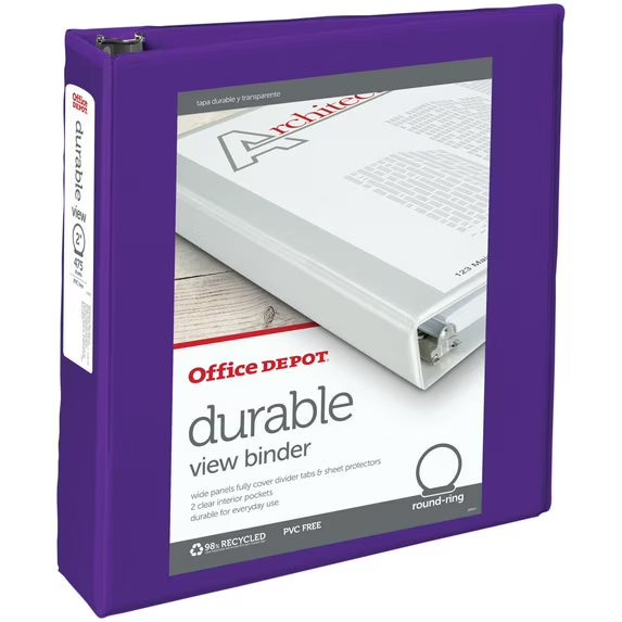 Durable View 3-Ring Binder, 2" Round Rings, Purple