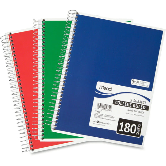 Mead 5 Subject Spiral Notebooks, College Ruled Color may vary