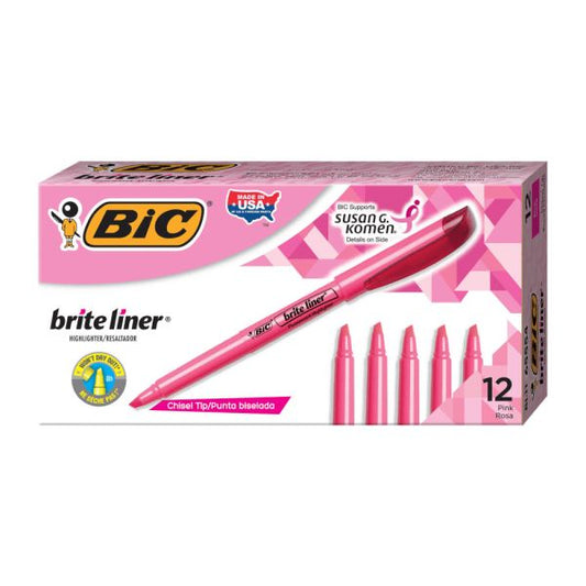 BIC Brite Liner Highlighters, Chisel Tip, Pink Box Of 12