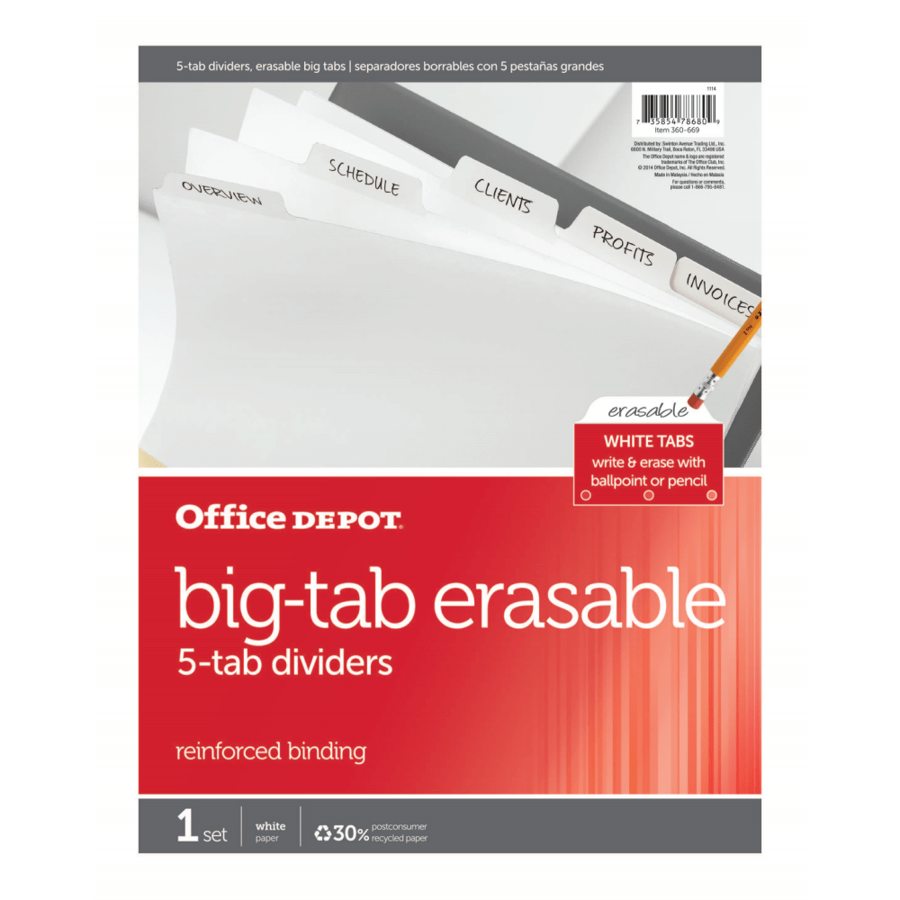Erasable Big Tab Dividers, 5-Tab, White