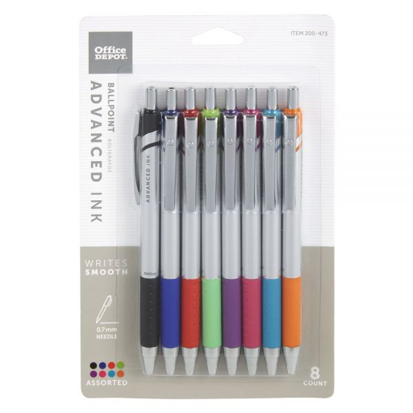 Advanced Ink Retractable Ballpoint Pens, Needle Point, 0.7 mm, Assorted Barrels, Assorted Ink Colors, Pack Of 8