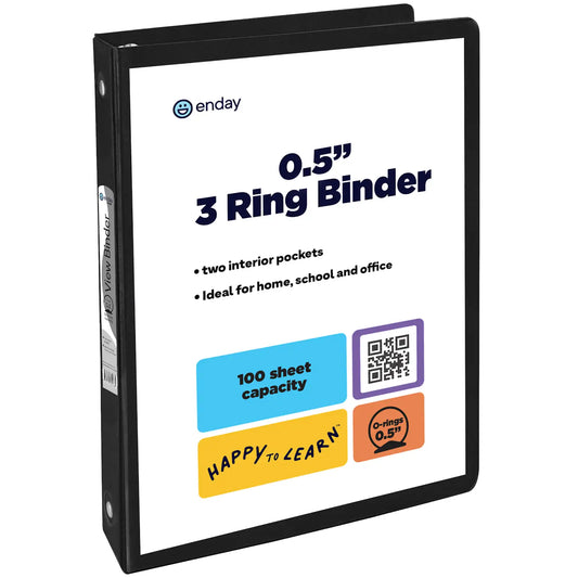 Enday 1/2" 3-Ring View Binder With 2-Pockets, Black
