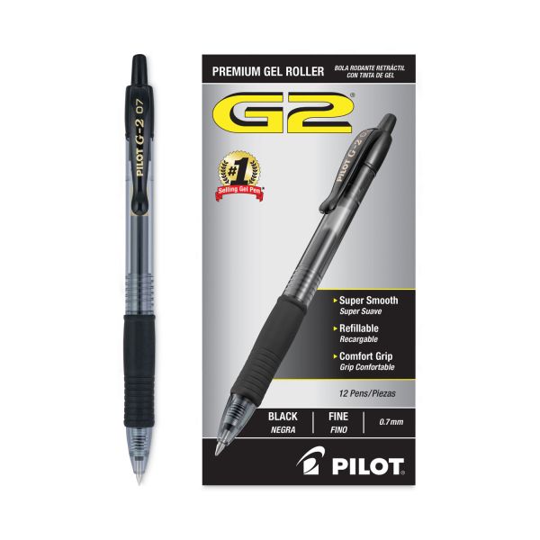 Pilot G-2 Retractable Gel Pens, Fine Point, 0.7 Mm, Black 12 Pack