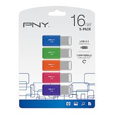 PNY USB 2.0 Flash Drives, 16GB, Assorted Colors, Pack Of 5 Flash Drives