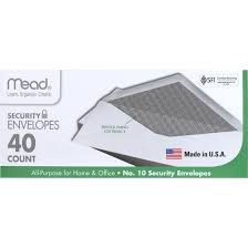 Mead #10 Security Envelopes, 4 1/8" x 9 1/2", White, 40 Count