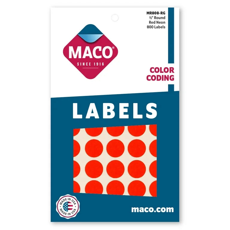 1/2" Dia. Color Coding Labels, Red Neon, 800/Bx