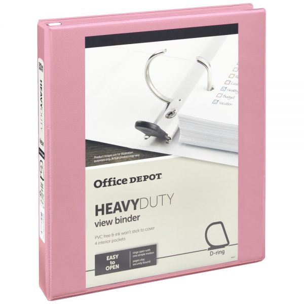 Heavy-Duty View 3-Ring Binder, 1" D-Rings, Pink