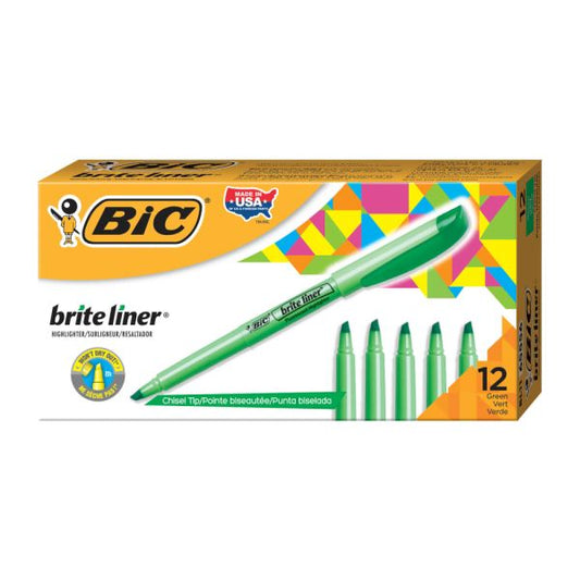 BIC Brite Liner Highlighters, Chisel Tip, Green, Box Of 12