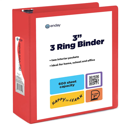 Enday 3″ Slant-D Ring View Binder With 2 Pockets, Red