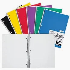 Mead Spiral Notebook, 8" x 11", 1 Subject, College Ruled, 200 Pages (100 Sheets), Color may Vary