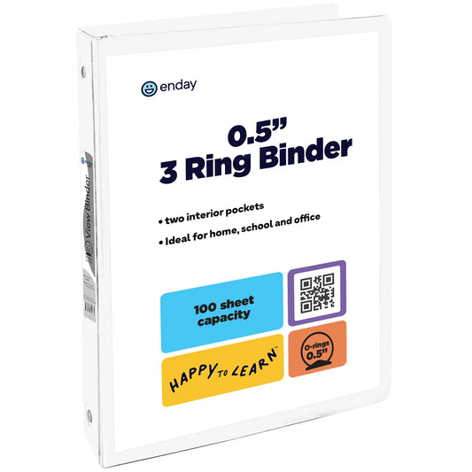 Enday 1/2" 3-Ring View Binder With 2-Pockets, White